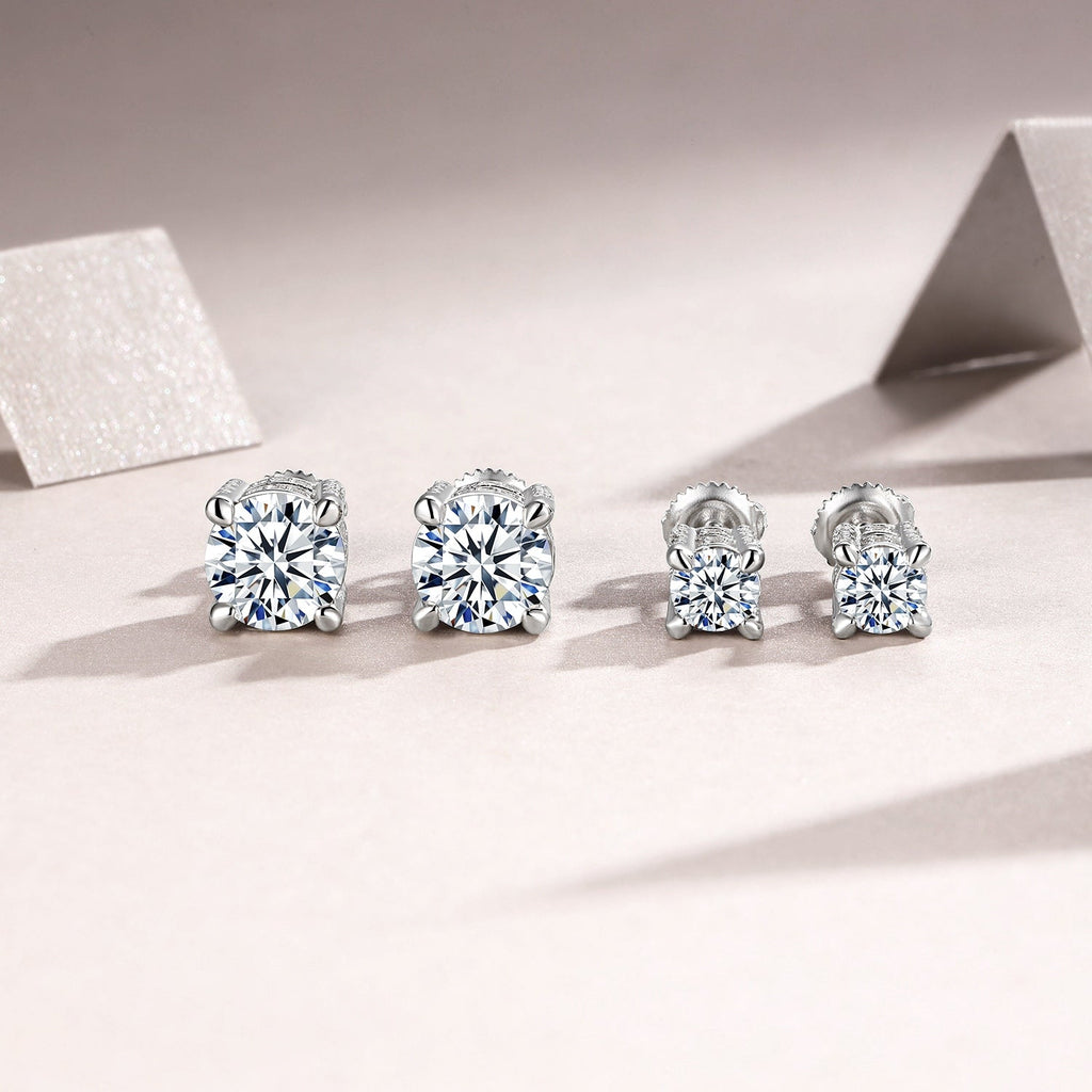 S925 Sterling Silver Moissanite Stud Earrings, 0.5&2ct D-VVS1 4-Prong Basket Pave With Screw Backs, GRA Certificate Gift Box - IVOIRART.COM
