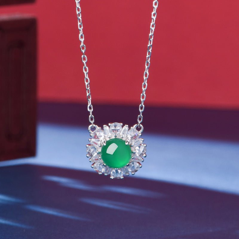 S925 Sterling Silver Necklace 45cm, 6mm Round Green Chrysoprase Pendant, Platinum Plated D Aisy Flower Jewelry For Women With Gift Box - IVOIRART.COM