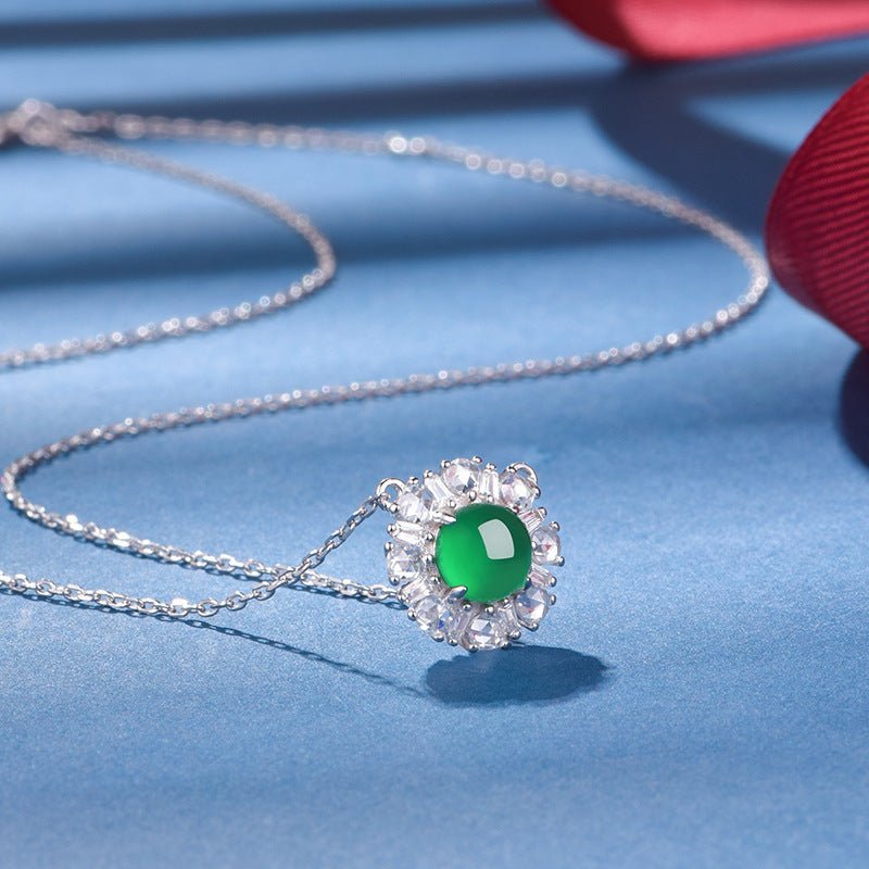 S925 Sterling Silver Necklace 45cm, 6mm Round Green Chrysoprase Pendant, Platinum Plated D Aisy Flower Jewelry For Women With Gift Box - IVOIRART.COM
