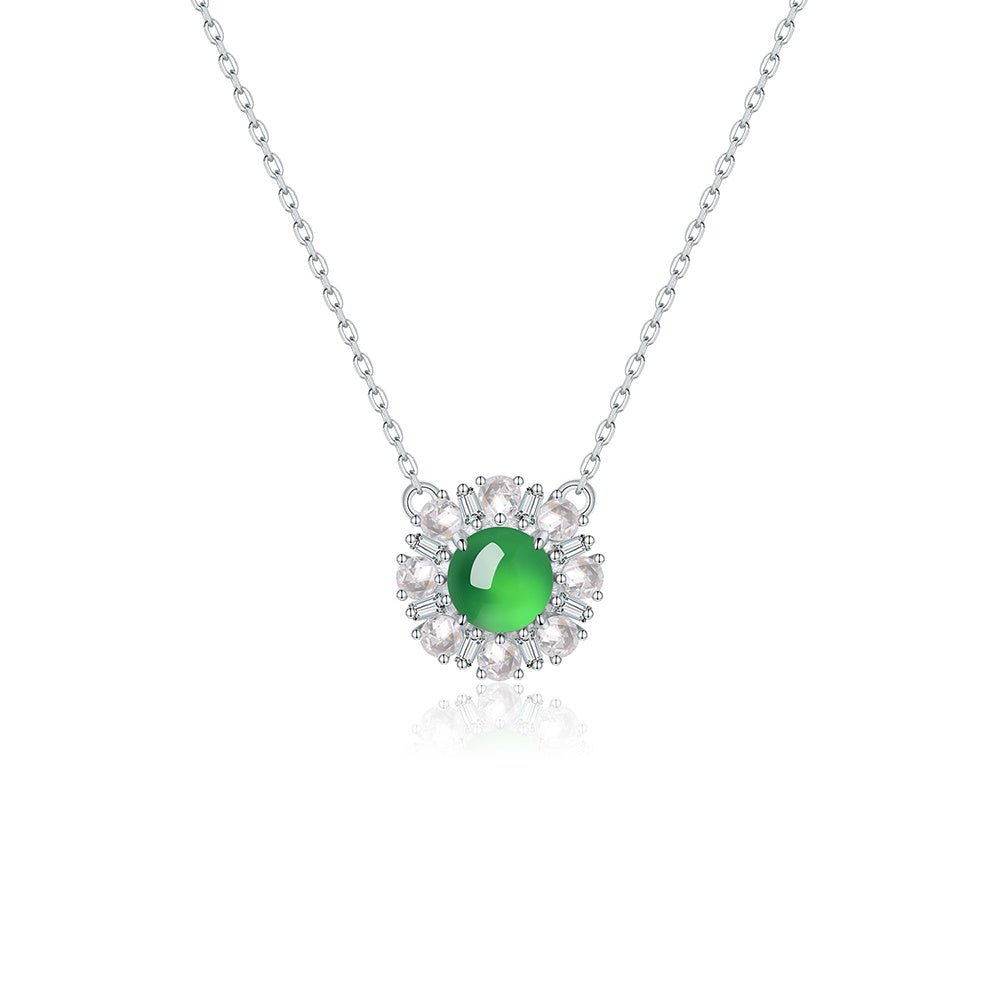 S925 Sterling Silver Necklace 45cm, 6mm Round Green Chrysoprase Pendant, Platinum Plated D Aisy Flower Jewelry For Women With Gift Box - IVOIRART.COM