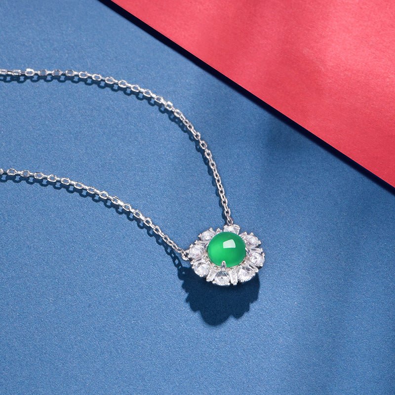 S925 Sterling Silver Necklace 45cm, 6mm Round Green Chrysoprase Pendant, Platinum Plated D Aisy Flower Jewelry For Women With Gift Box - IVOIRART.COM
