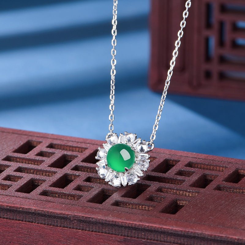 S925 Sterling Silver Necklace 45cm, 6mm Round Green Chrysoprase Pendant, Platinum Plated D Aisy Flower Jewelry For Women With Gift Box - IVOIRART.COM