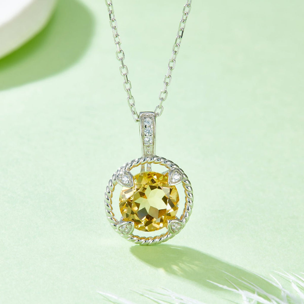 S925 Sterling Silver Necklace, 8mm Natural Citrine Round Pendant, Platinum Plated Rope Design Chain 2.6g, Elegant Women's Jewelry Gift Box - IVOIRART.COM