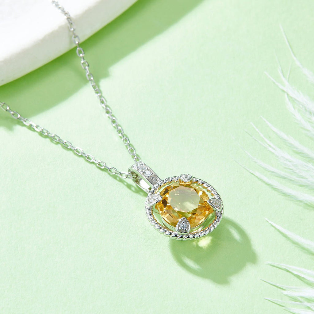 S925 Sterling Silver Necklace, 8mm Natural Citrine Round Pendant, Platinum Plated Rope Design Chain 2.6g, Elegant Women's Jewelry Gift Box - IVOIRART.COM