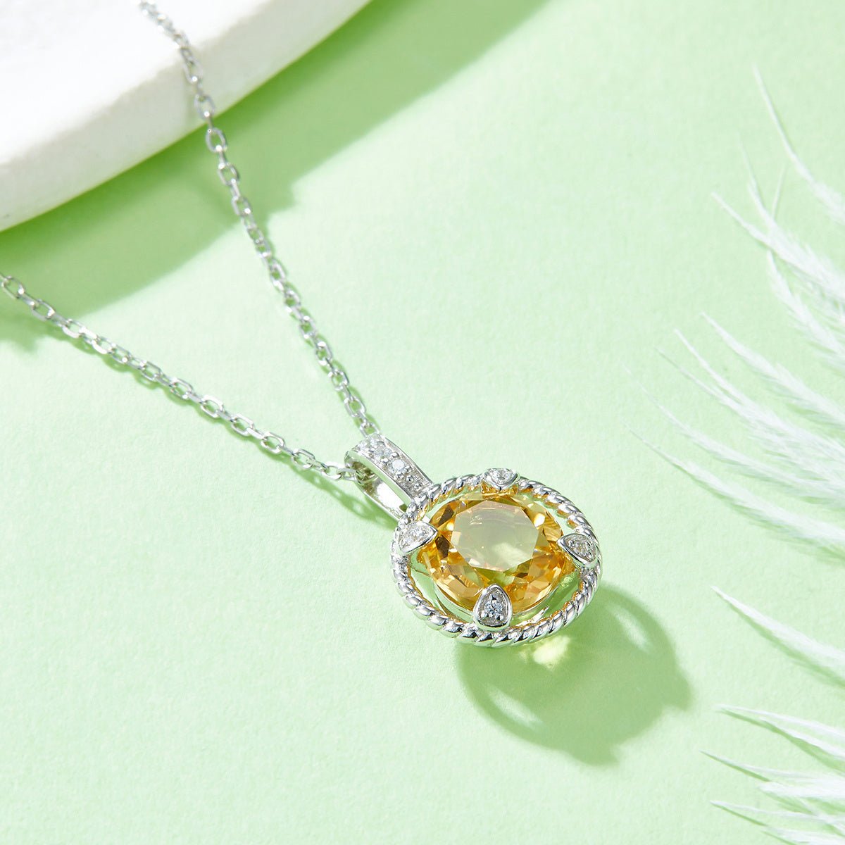 S925 Sterling Silver Necklace, 8mm Natural Citrine Round Pendant, Platinum Plated Rope Design Chain 2.6g, Elegant Women's Jewelry Gift Box - IVOIRART.COM