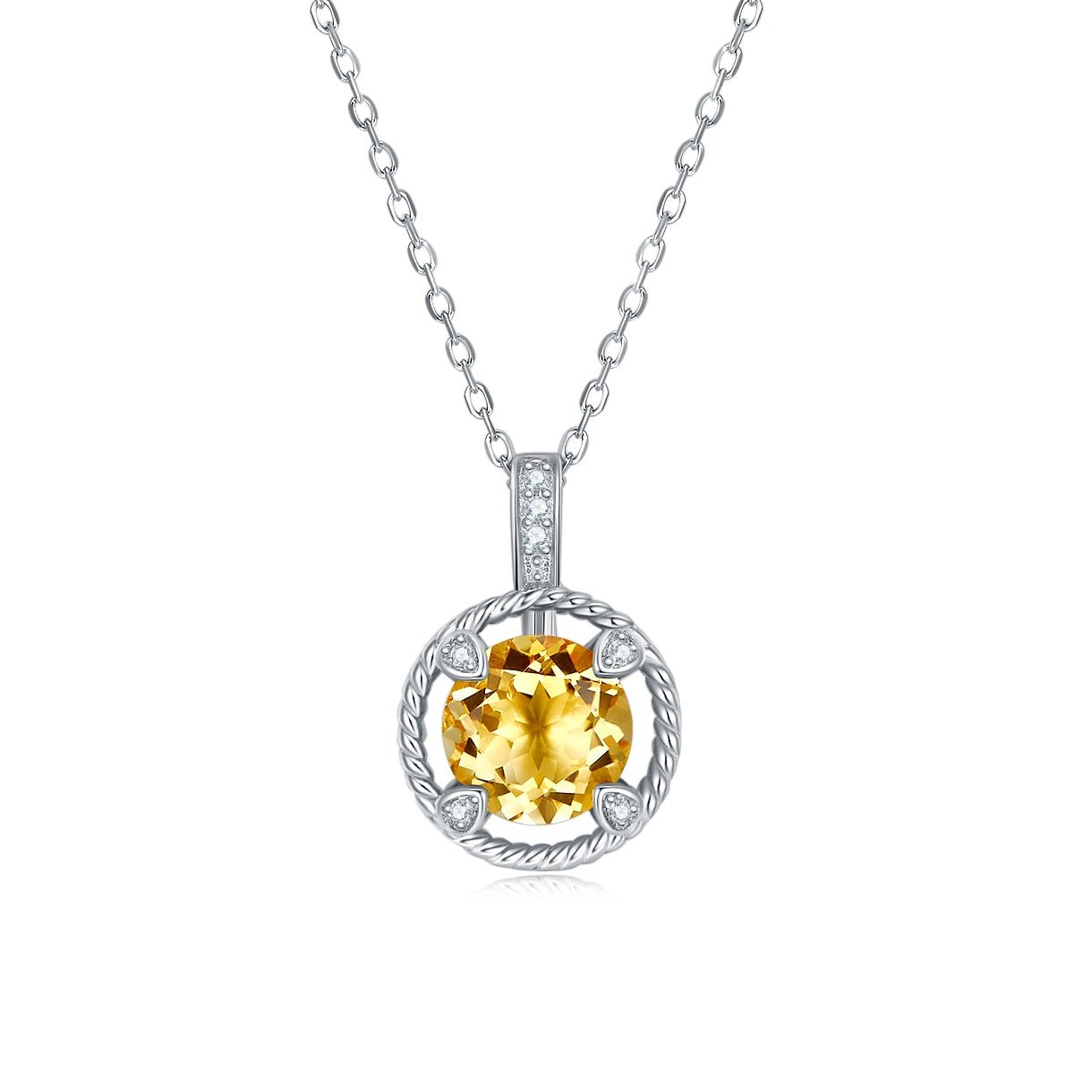 S925 Sterling Silver Necklace, 8mm Natural Citrine Round Pendant, Platinum Plated Rope Design Chain 2.6g, Elegant Women's Jewelry Gift Box - IVOIRART.COM