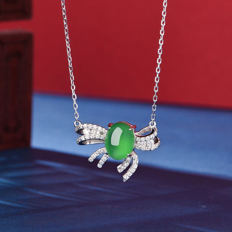 S925 Sterling Silver Necklace, 9x7mm Cabochon Green Chrysoprase Bowknot Pendant, Platinum Plated 3.1g, 45cm Chain, Elegant Women's Jewelry Gift Set - IVOIRART.COM