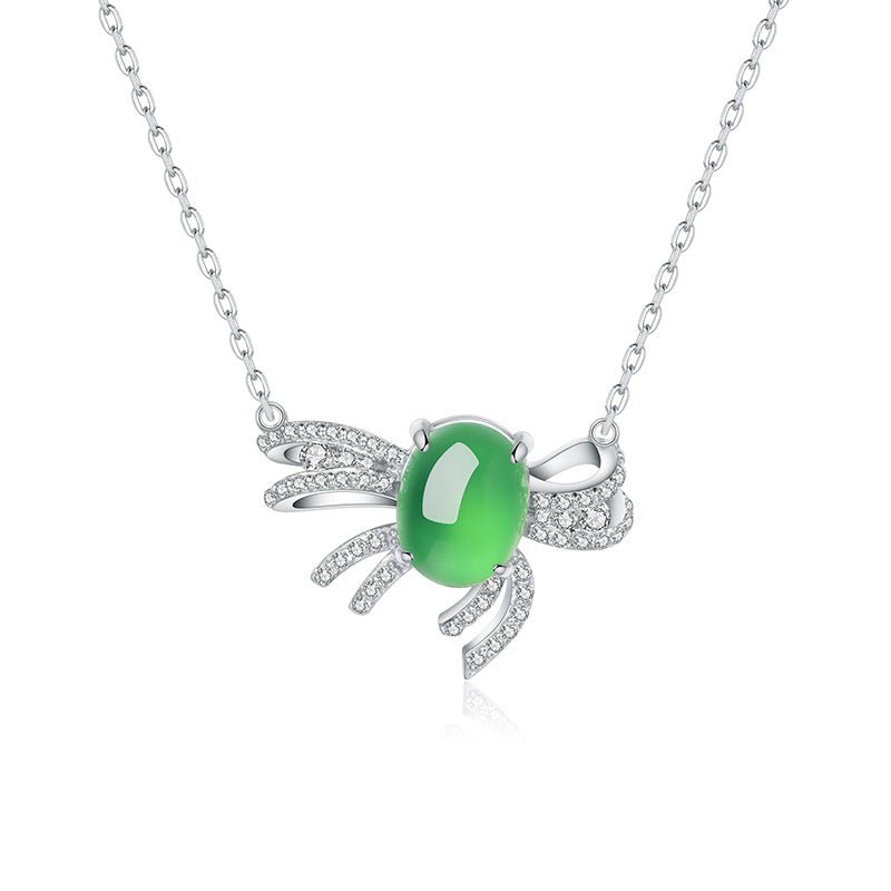 S925 Sterling Silver Necklace, 9x7mm Cabochon Green Chrysoprase Bowknot Pendant, Platinum Plated 3.1g, 45cm Chain, Elegant Women's Jewelry Gift Set - IVOIRART.COM
