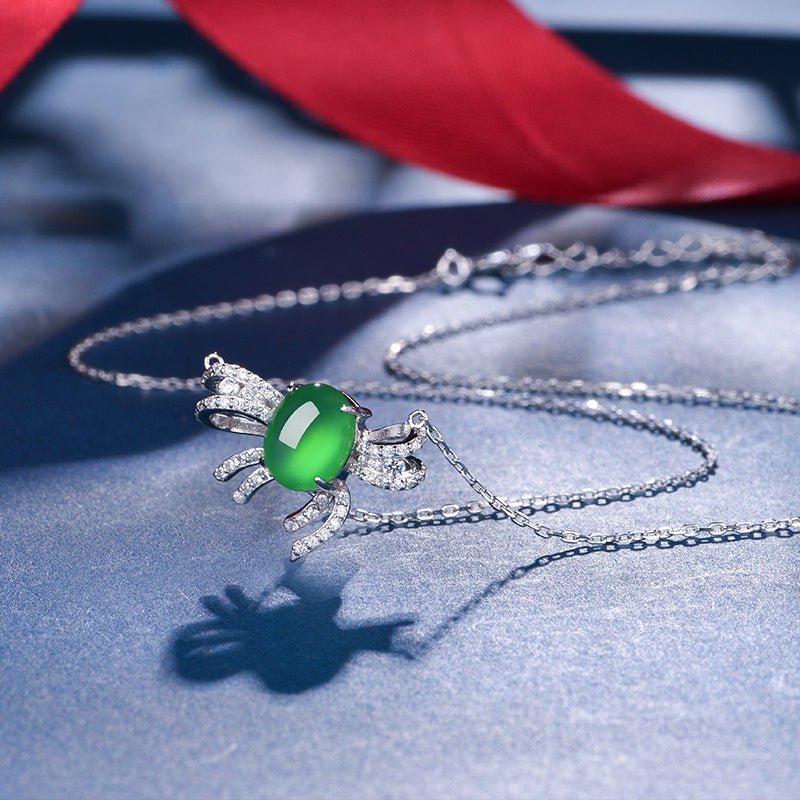 S925 Sterling Silver Necklace, 9x7mm Cabochon Green Chrysoprase Bowknot Pendant, Platinum Plated 3.1g, 45cm Chain, Elegant Women's Jewelry Gift Set - IVOIRART.COM