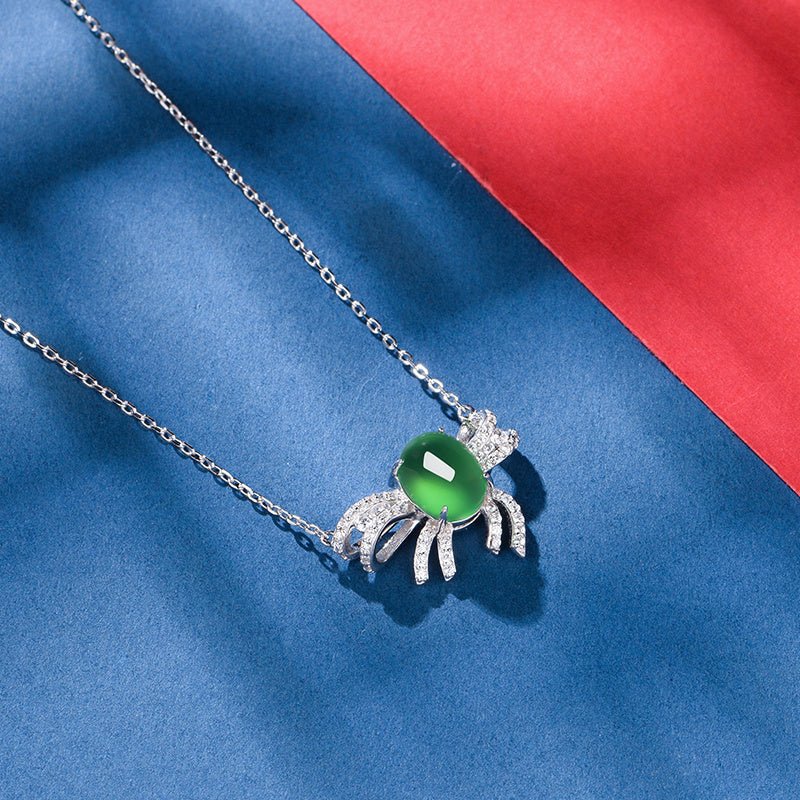 S925 Sterling Silver Necklace, 9x7mm Cabochon Green Chrysoprase Bowknot Pendant, Platinum Plated 3.1g, 45cm Chain, Elegant Women's Jewelry Gift Set - IVOIRART.COM