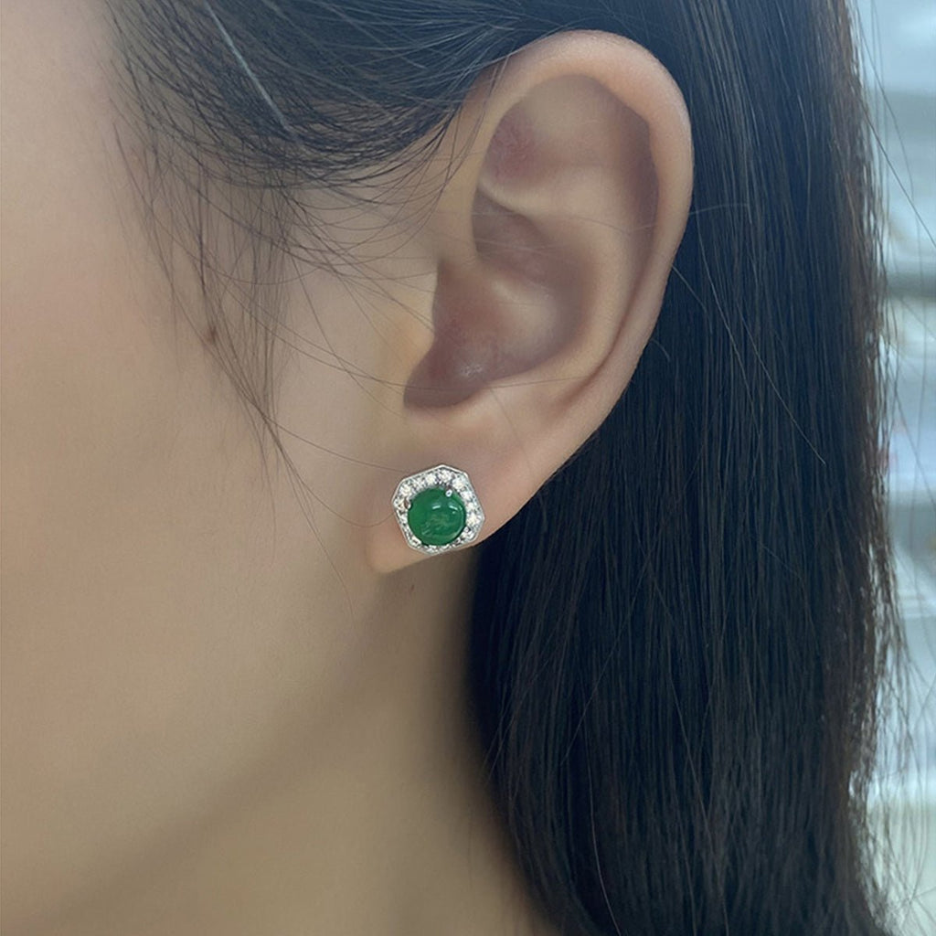 S925 Sterling Silver Octagon Halo Stud Earrings, 6mm Round Green Chrysoprase, Platinum Plated 2.3g, Elegant Women's Jewelry With Gift Box Set - IVOIRART.COM