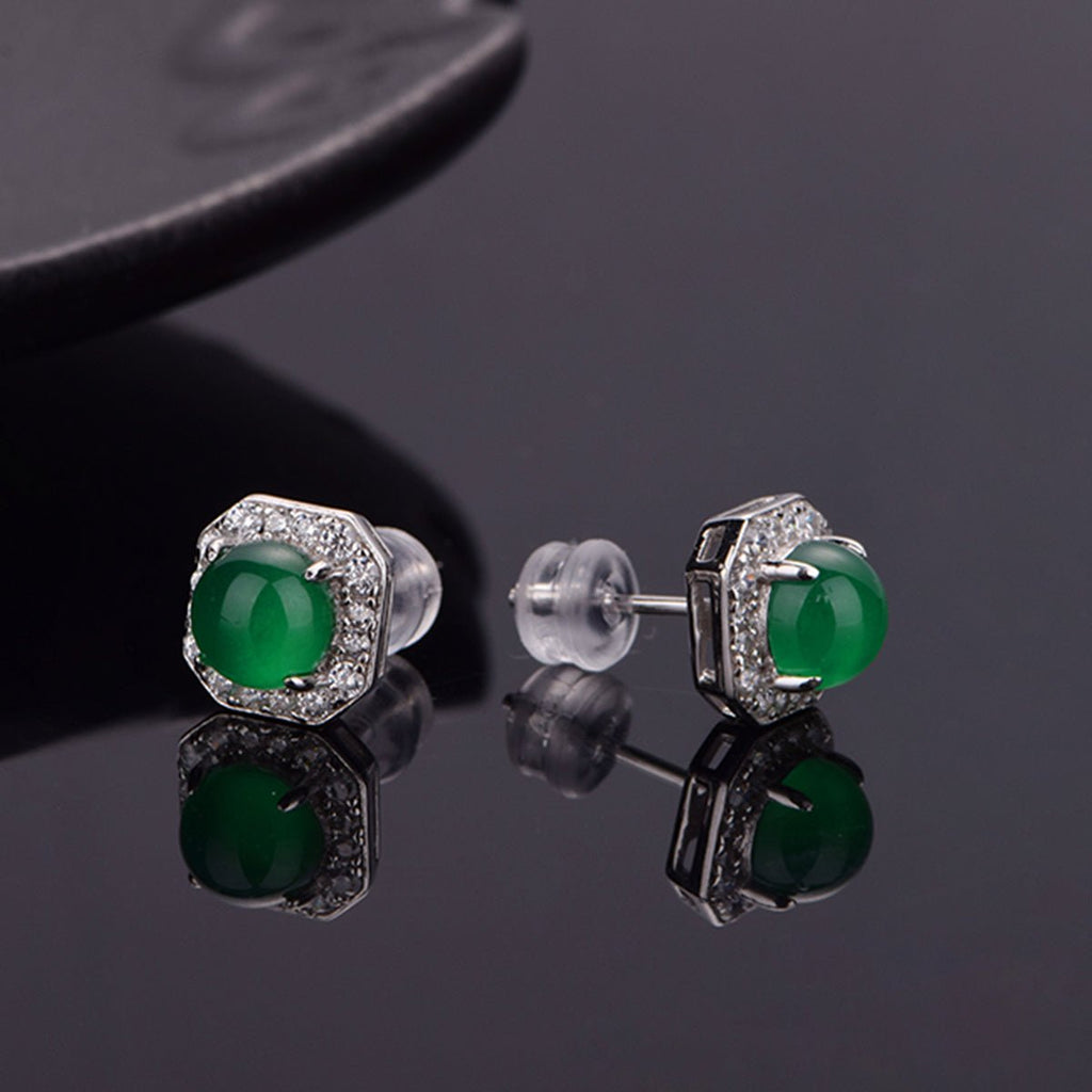 S925 Sterling Silver Octagon Halo Stud Earrings, 6mm Round Green Chrysoprase, Platinum Plated 2.3g, Elegant Women's Jewelry With Gift Box Set - IVOIRART.COM