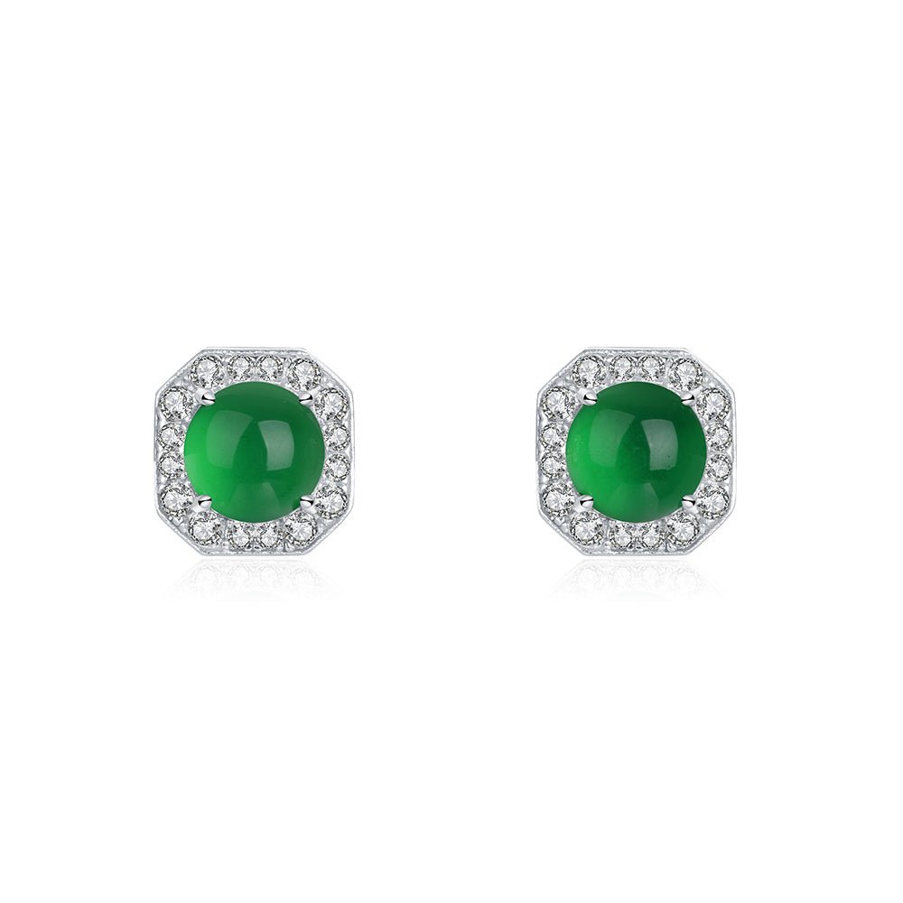 S925 Sterling Silver Octagon Halo Stud Earrings, 6mm Round Green Chrysoprase, Platinum Plated 2.3g, Elegant Women's Jewelry With Gift Box Set - IVOIRART.COM