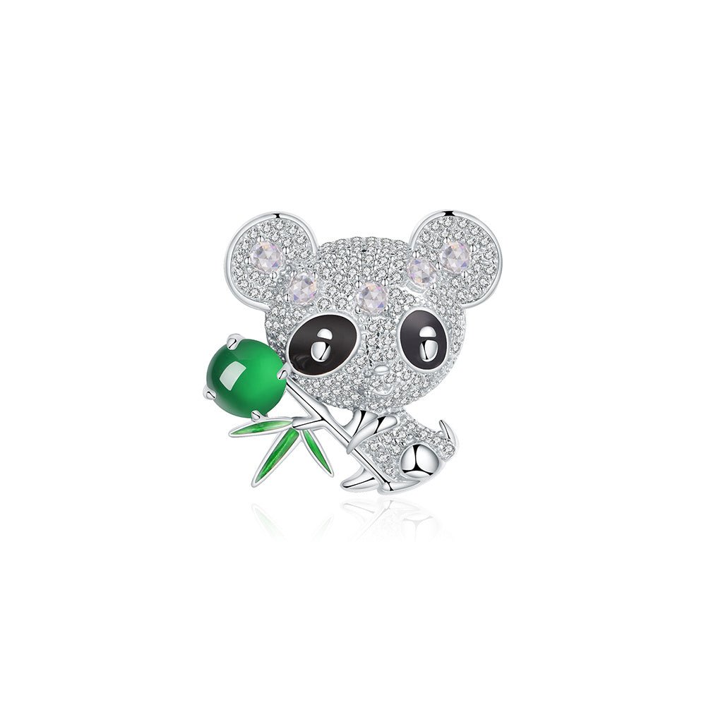 S925 Sterling Silver Panda Brooch 5g 8x6mm Oval Green Chalcedony Pave Rhinestone Platinum Plated Cute Animal Design Gift Box - IVOIRART.COM