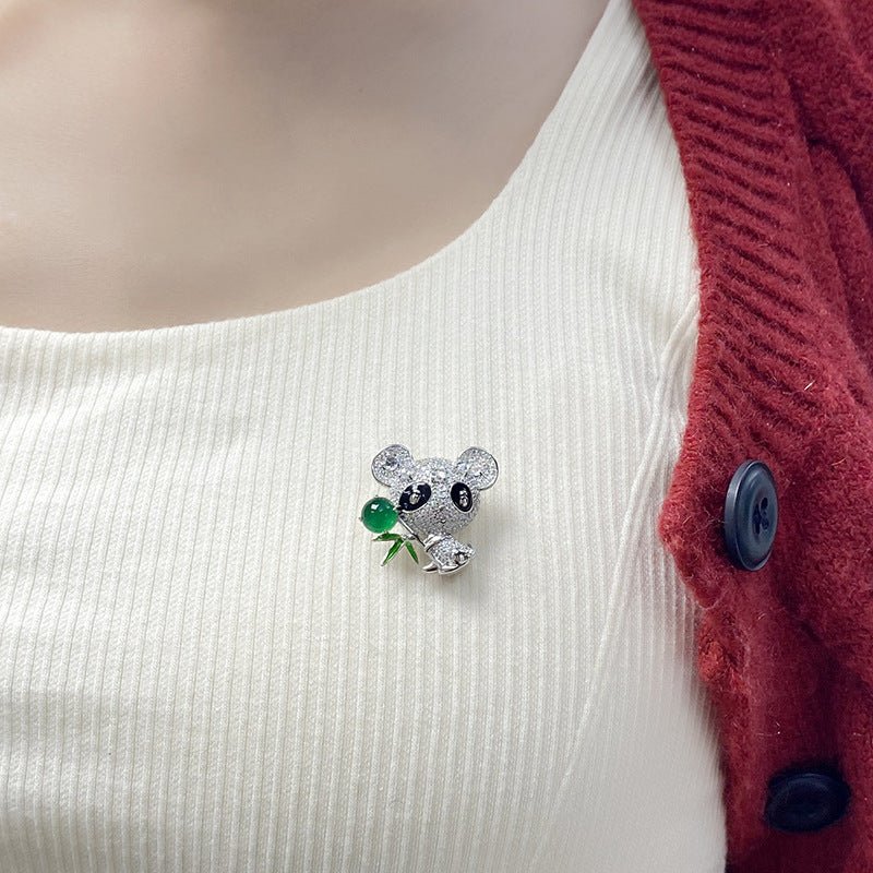 S925 Sterling Silver Panda Brooch 5g 8x6mm Oval Green Chalcedony Pave Rhinestone Platinum Plated Cute Animal Design Gift Box - IVOIRART.COM