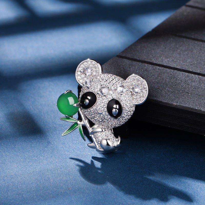 S925 Sterling Silver Panda Brooch 5g 8x6mm Oval Green Chalcedony Pave Rhinestone Platinum Plated Cute Animal Design Gift Box - IVOIRART.COM