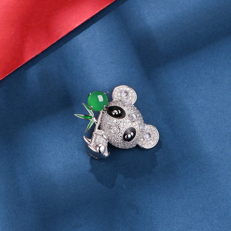 S925 Sterling Silver Panda Brooch 5g 8x6mm Oval Green Chalcedony Pave Rhinestone Platinum Plated Cute Animal Design Gift Box - IVOIRART.COM