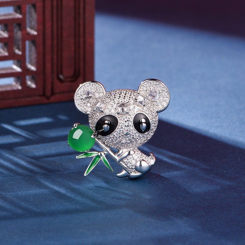 S925 Sterling Silver Panda Brooch 5g 8x6mm Oval Green Chalcedony Pave Rhinestone Platinum Plated Cute Animal Design Gift Box - IVOIRART.COM