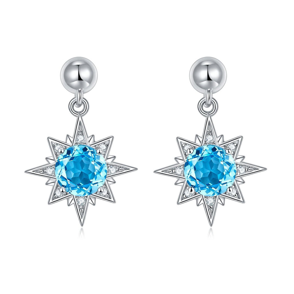 S925 Sterling Silver Star Dangle Earrings, 6mm Natural Blue Crystal, Platinum Plated Drop Earrings For Women, 3.2g, Jewelry Gift Box Set - IVOIRART.COM