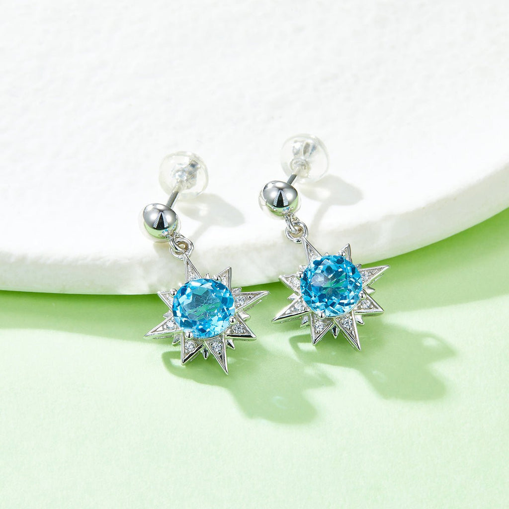 S925 Sterling Silver Star Dangle Earrings, 6mm Natural Blue Crystal, Platinum Plated Drop Earrings For Women, 3.2g, Jewelry Gift Box Set - IVOIRART.COM