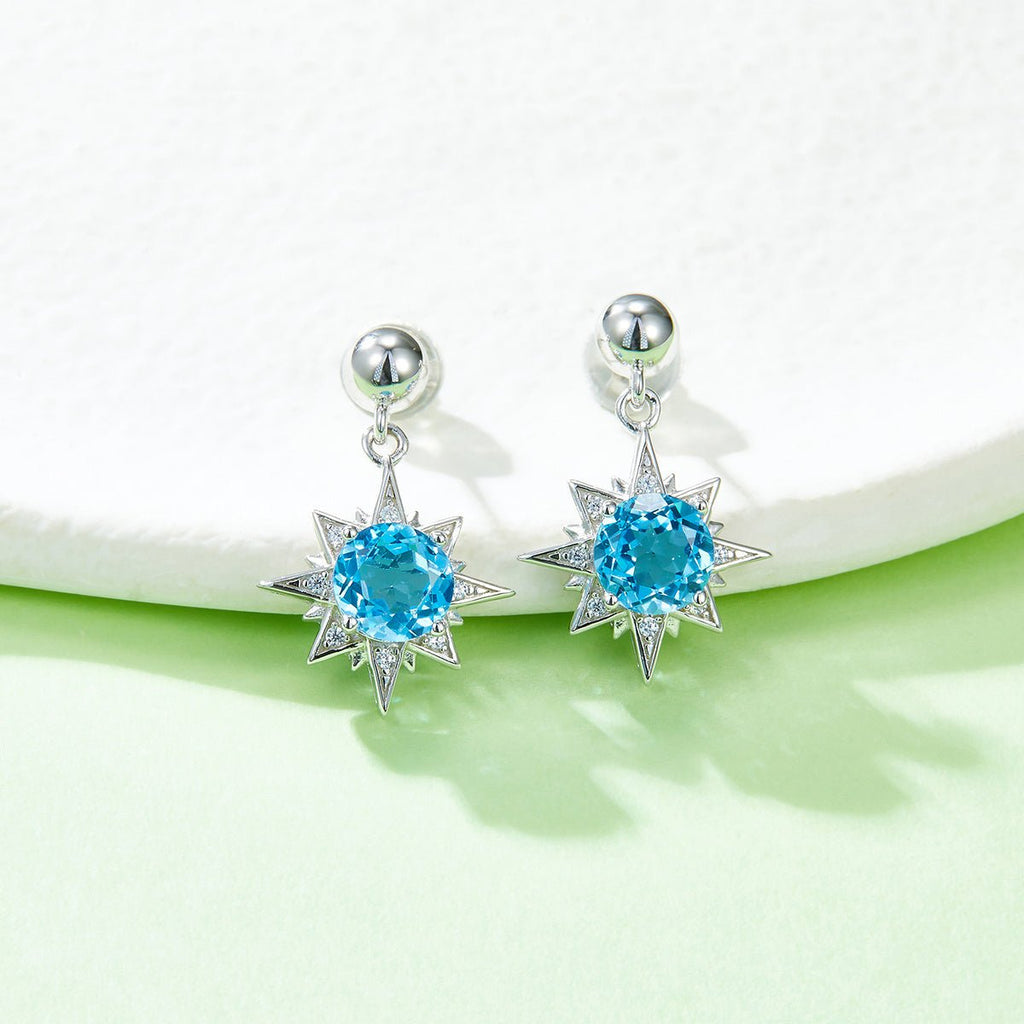 S925 Sterling Silver Star Dangle Earrings, 6mm Natural Blue Crystal, Platinum Plated Drop Earrings For Women, 3.2g, Jewelry Gift Box Set - IVOIRART.COM