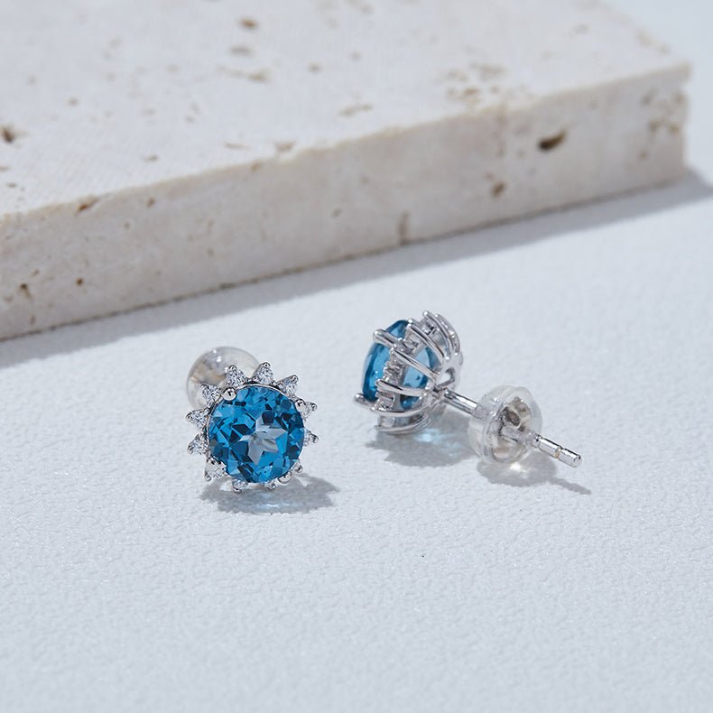 S925 Sterling Silver Starburst Stud Earrings, 6mm Natural Blue Crystal, Platinum Plated 1.6g, Sparkling Snowflake Earrings For Women, Fashion Jewelry Gift Box - IVOIRART.COM