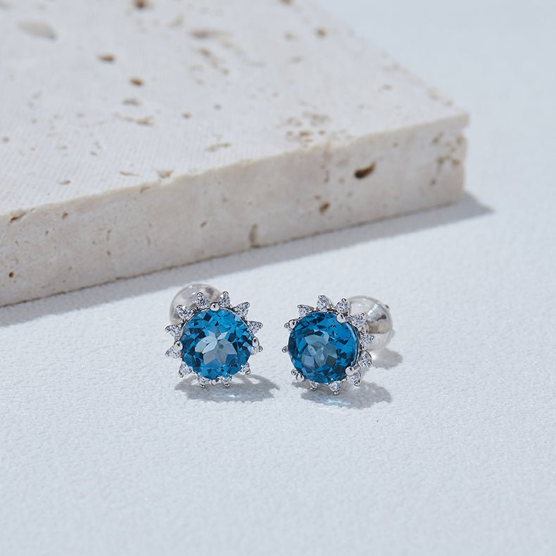 S925 Sterling Silver Starburst Stud Earrings, 6mm Natural Blue Crystal, Platinum Plated 1.6g, Sparkling Snowflake Earrings For Women, Fashion Jewelry Gift Box - IVOIRART.COM