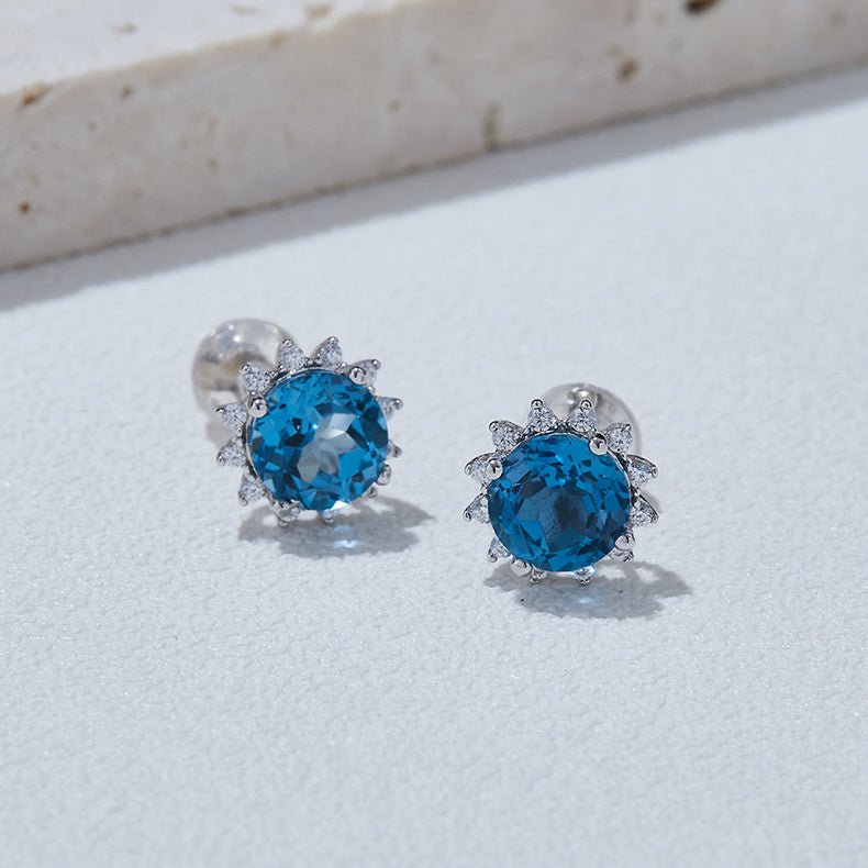 S925 Sterling Silver Starburst Stud Earrings, 6mm Natural Blue Crystal, Platinum Plated 1.6g, Sparkling Snowflake Earrings For Women, Fashion Jewelry Gift Box - IVOIRART.COM