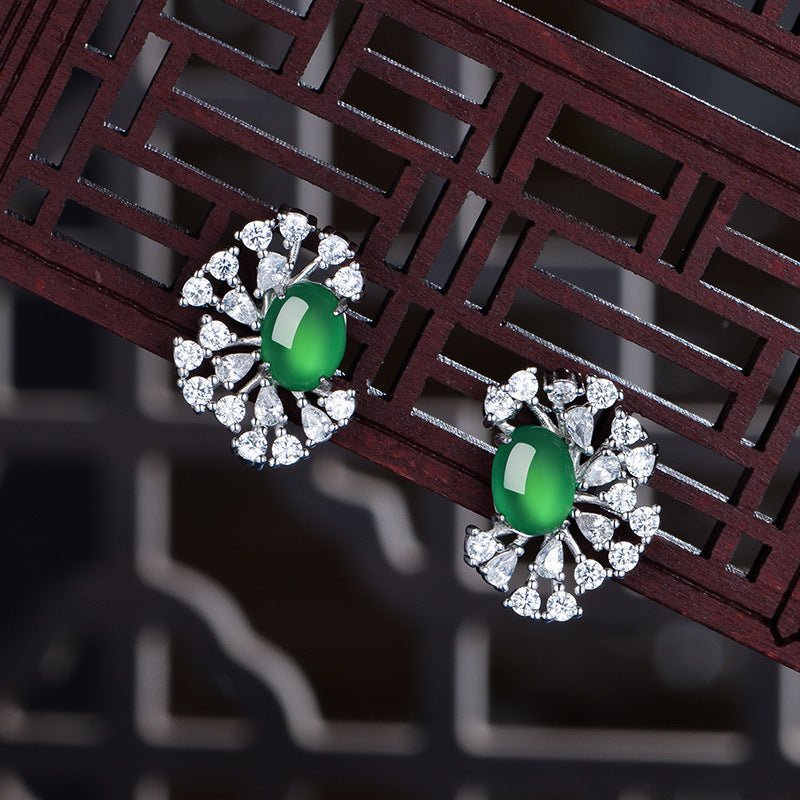 S925 Sterling Silver Sunburst Halo Stud Earrings, 8x6mm Oval Green Chrysoprase, Platinum Plated 4.7g, Elegant Women's Fine Jewelry Gift Box Set - IVOIRART.COM