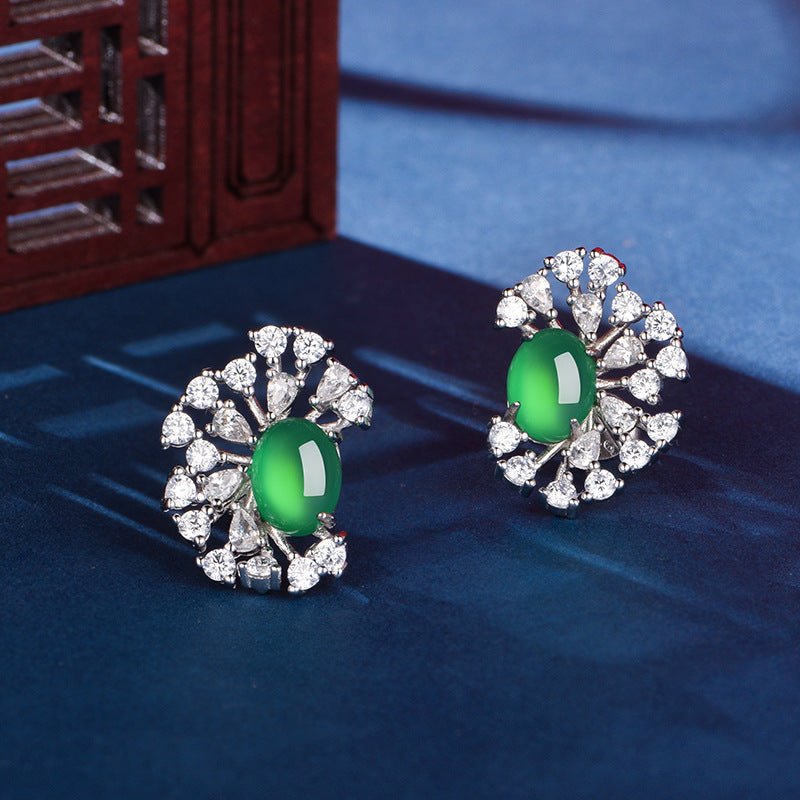 S925 Sterling Silver Sunburst Halo Stud Earrings, 8x6mm Oval Green Chrysoprase, Platinum Plated 4.7g, Elegant Women's Fine Jewelry Gift Box Set - IVOIRART.COM