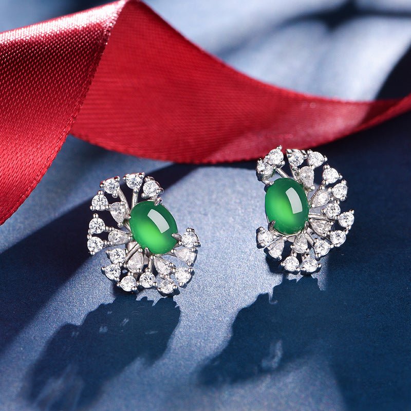 S925 Sterling Silver Sunburst Halo Stud Earrings, 8x6mm Oval Green Chrysoprase, Platinum Plated 4.7g, Elegant Women's Fine Jewelry Gift Box Set - IVOIRART.COM