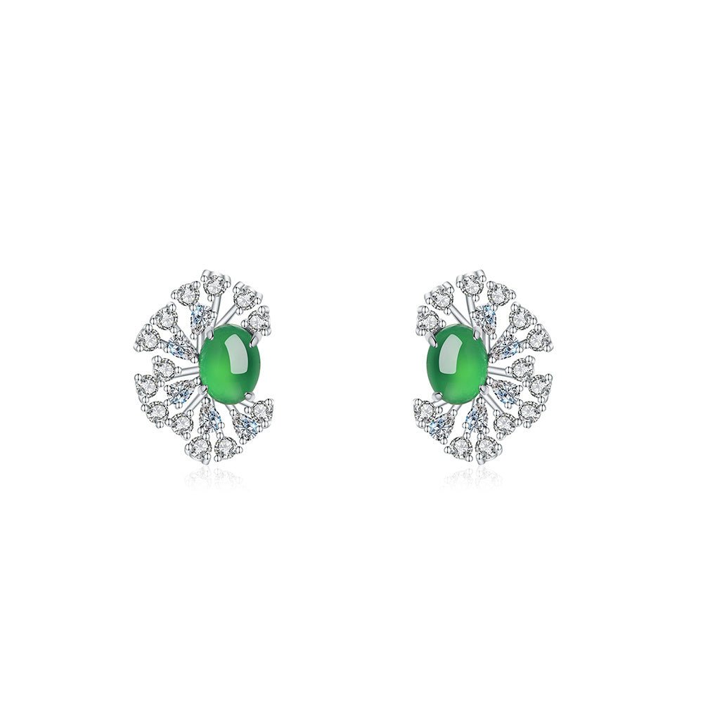 S925 Sterling Silver Sunburst Halo Stud Earrings, 8x6mm Oval Green Chrysoprase, Platinum Plated 4.7g, Elegant Women's Fine Jewelry Gift Box Set - IVOIRART.COM