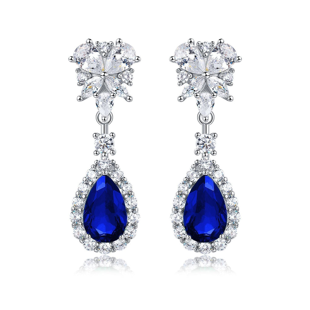 S925 Sterling Silver Teardrop Dangle Earrings, 7x11mm Lab-Grown Ruby Sapphire Emerald, Platinum Plated 4.5g Women's Jewelry Gift Box - IVOIRART.COM