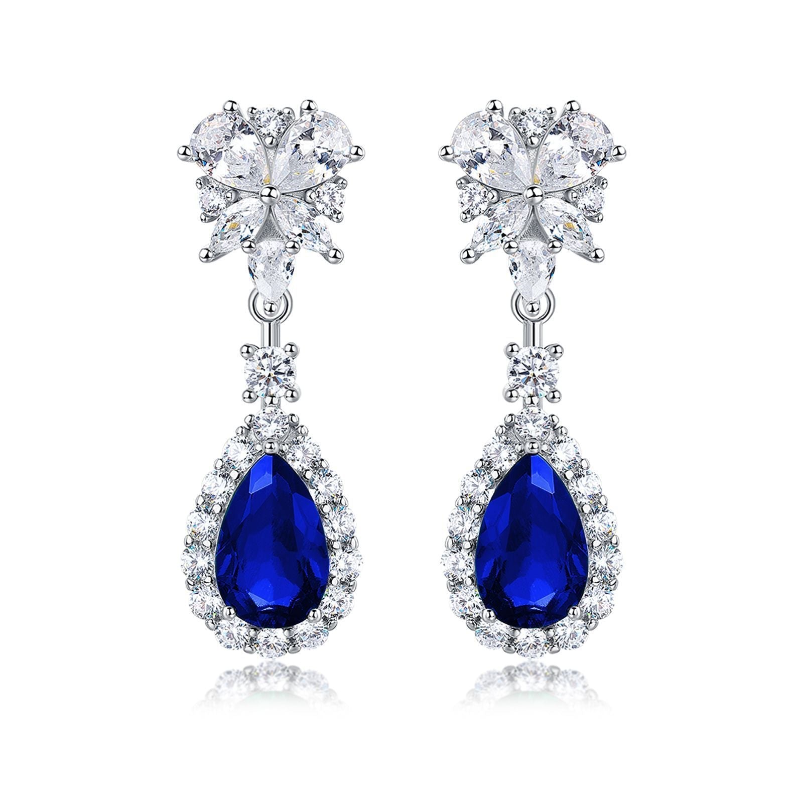 S925 Sterling Silver Teardrop Dangle Earrings, 7x11mm Lab-Grown Ruby Sapphire Emerald, Platinum Plated 4.5g Women's Jewelry Gift Box - IVOIRART.COM