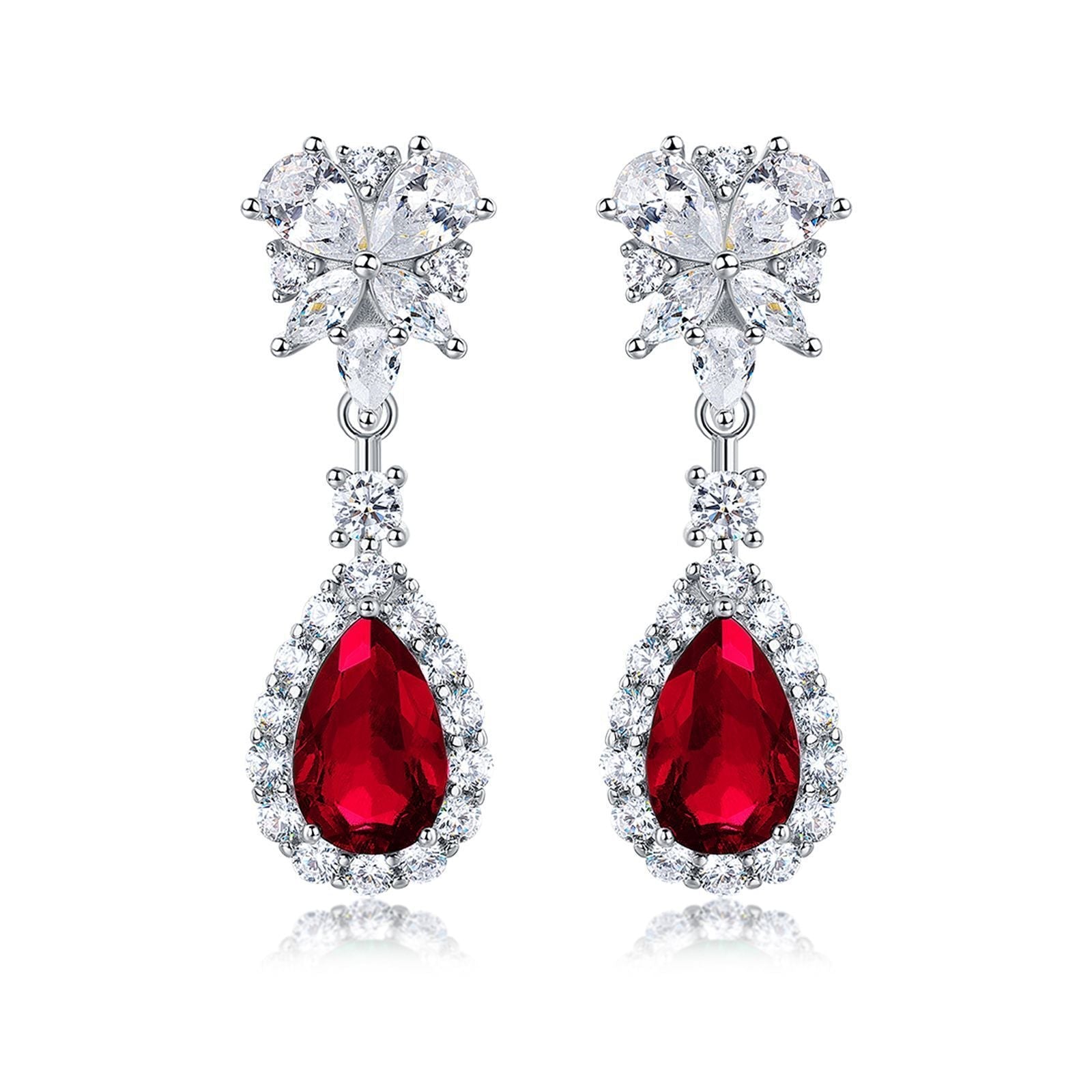 S925 Sterling Silver Teardrop Dangle Earrings, 7x11mm Lab-Grown Ruby Sapphire Emerald, Platinum Plated 4.5g Women's Jewelry Gift Box - IVOIRART.COM