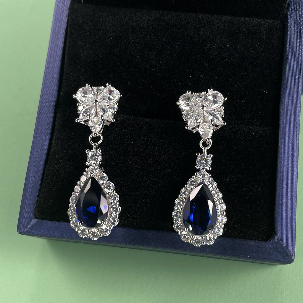 S925 Sterling Silver Teardrop Dangle Earrings, 7x11mm Lab-Grown Ruby Sapphire Emerald, Platinum Plated 4.5g Women's Jewelry Gift Box - IVOIRART.COM