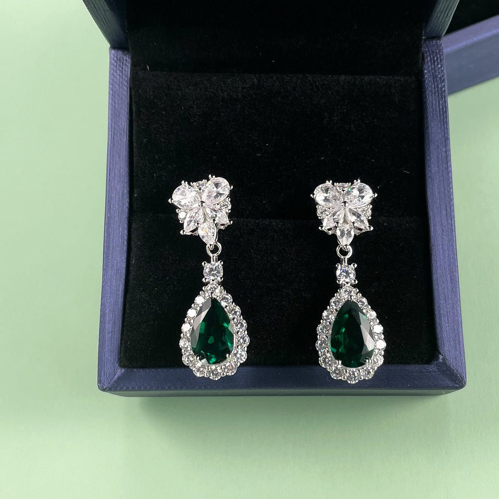 S925 Sterling Silver Teardrop Dangle Earrings, 7x11mm Lab-Grown Ruby Sapphire Emerald, Platinum Plated 4.5g Women's Jewelry Gift Box - IVOIRART.COM
