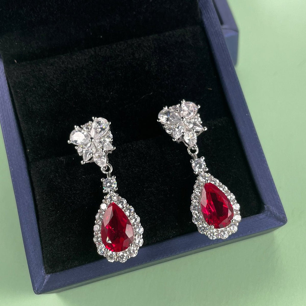 S925 Sterling Silver Teardrop Dangle Earrings, 7x11mm Lab-Grown Ruby Sapphire Emerald, Platinum Plated 4.5g Women's Jewelry Gift Box - IVOIRART.COM