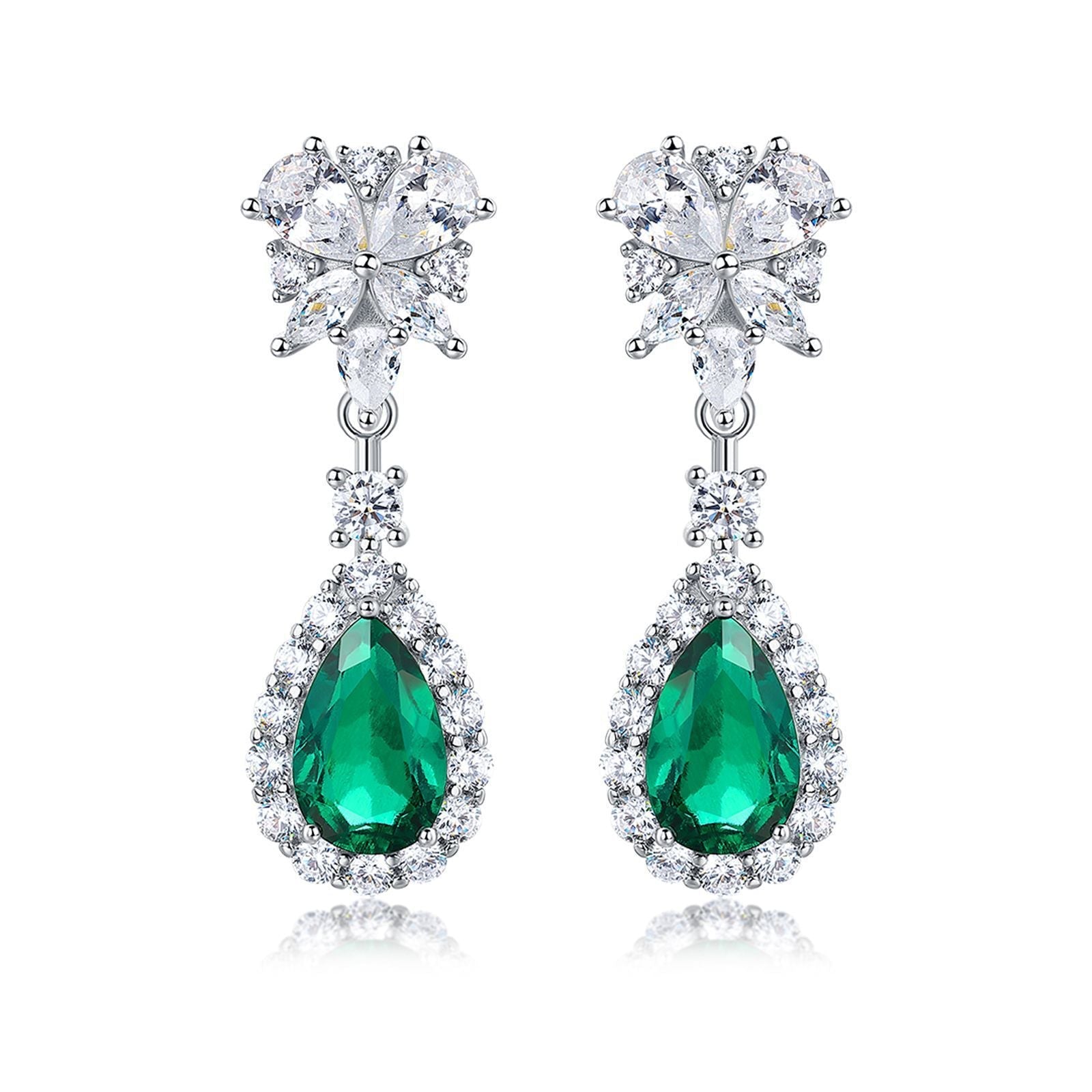 S925 Sterling Silver Teardrop Dangle Earrings, 7x11mm Lab-Grown Ruby Sapphire Emerald, Platinum Plated 4.5g Women's Jewelry Gift Box - IVOIRART.COM