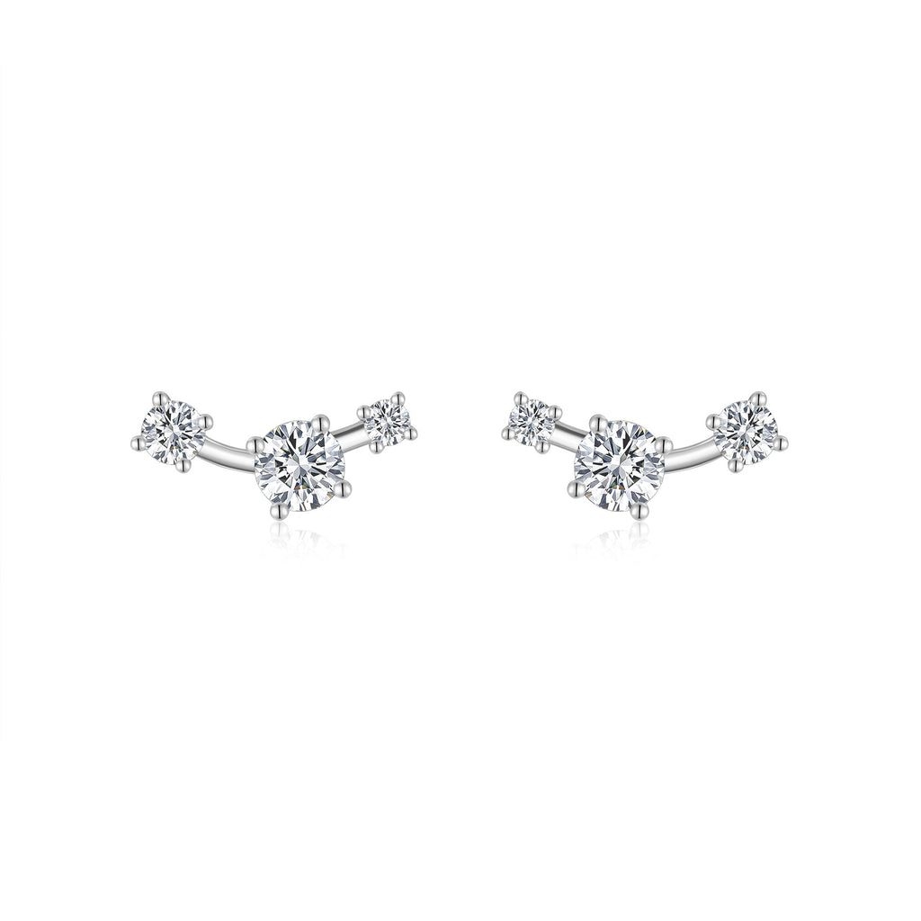 S925 Sterling Silver Three-Stone Curved Stud Earrings, 0.5ct D-VVS1 Moissanite, Platinum Plated 2.1g With GRA Certificate Gift Box - IVOIRART.COM