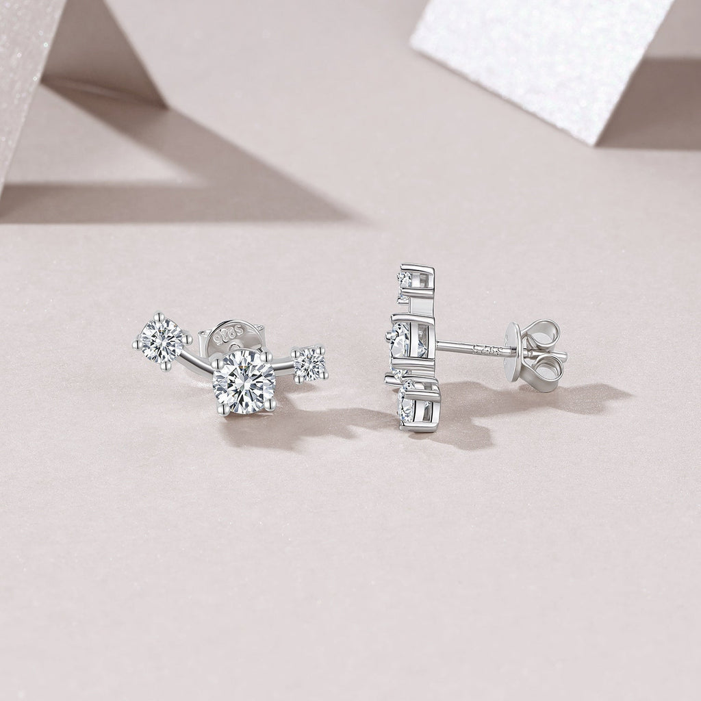 S925 Sterling Silver Three-Stone Curved Stud Earrings, 0.5ct D-VVS1 Moissanite, Platinum Plated 2.1g With GRA Certificate Gift Box - IVOIRART.COM