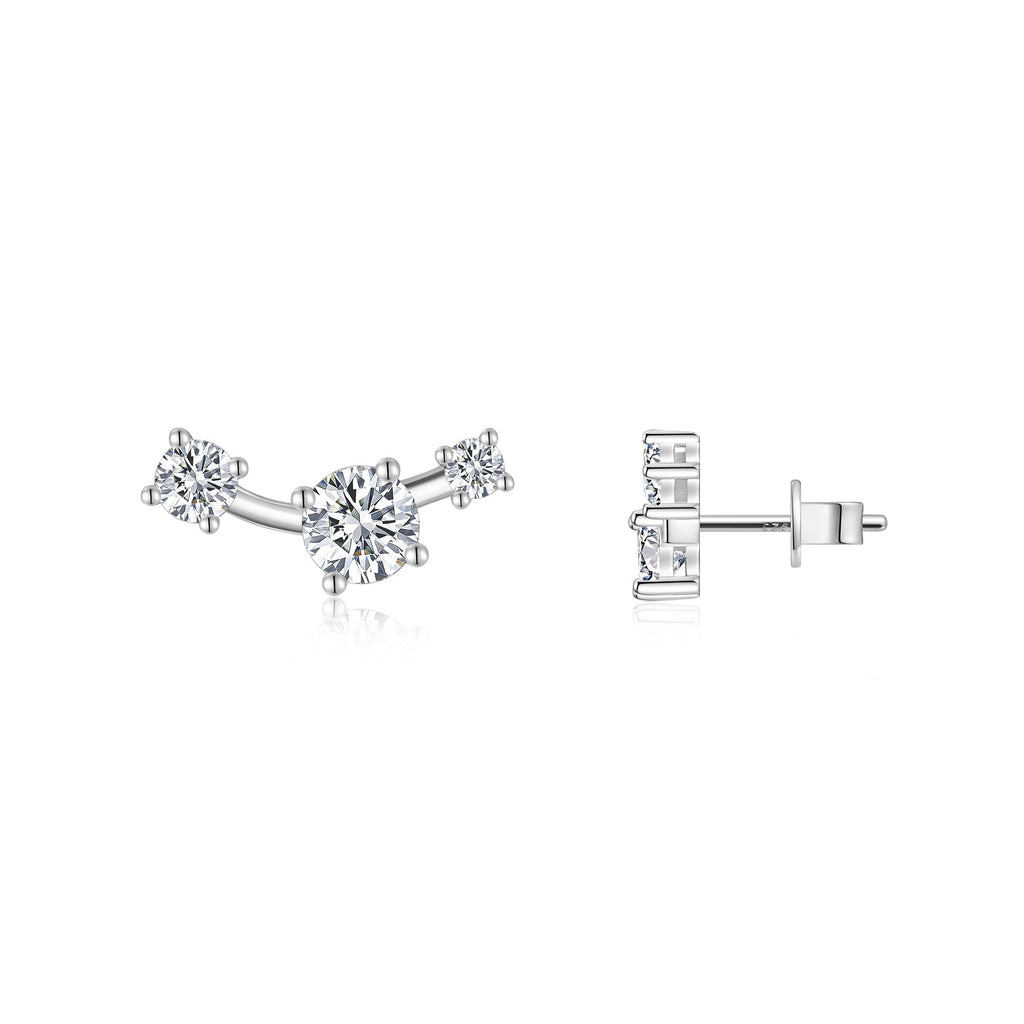S925 Sterling Silver Three-Stone Curved Stud Earrings, 0.5ct D-VVS1 Moissanite, Platinum Plated 2.1g With GRA Certificate Gift Box - IVOIRART.COM