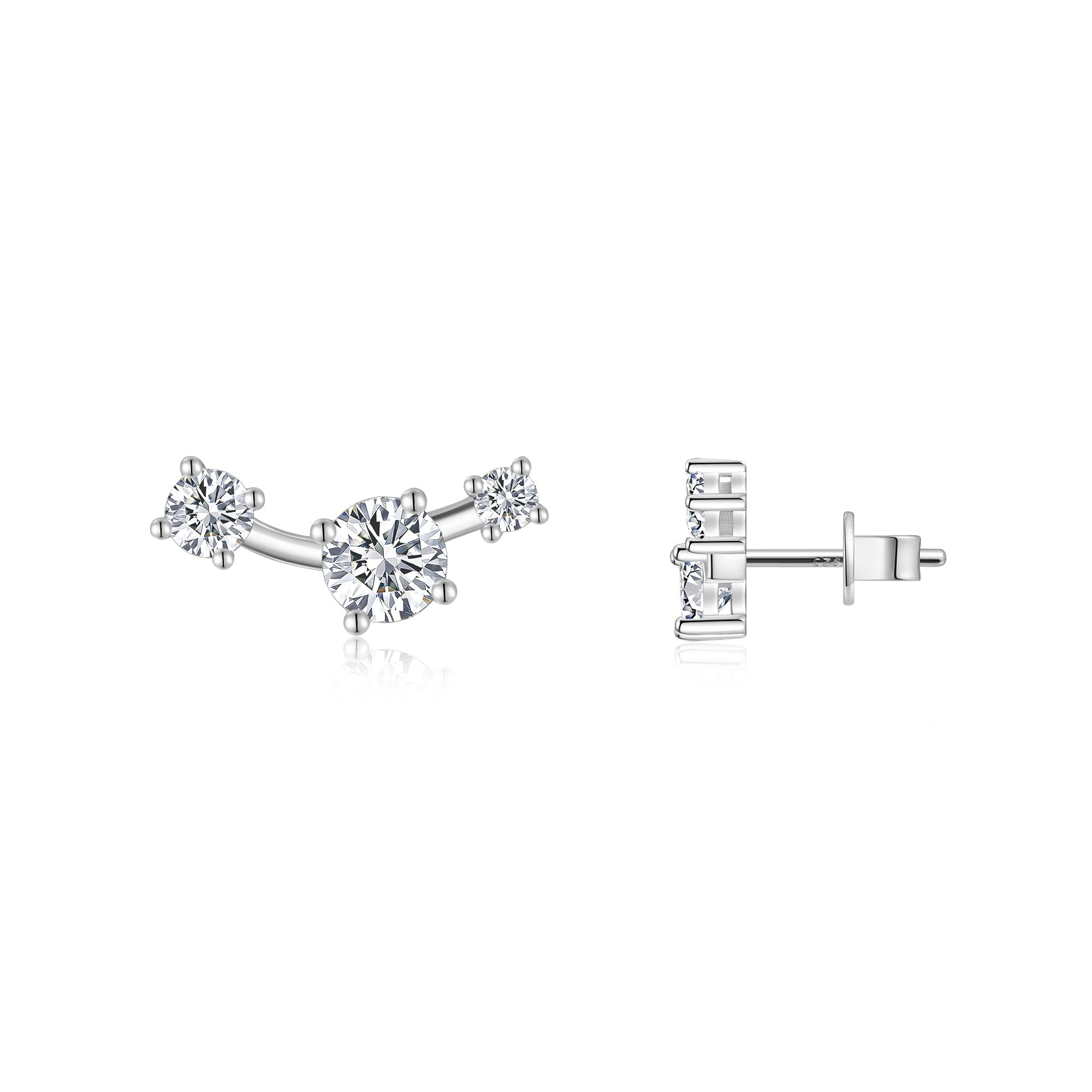 S925 Sterling Silver Three-Stone Curved Stud Earrings, 0.5ct D-VVS1 Moissanite, Platinum Plated 2.1g With GRA Certificate Gift Box - IVOIRART.COM