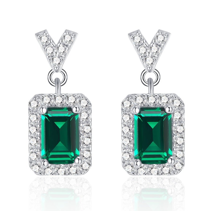 S925 Sterling Silver V-Shape Halo Drop Earrings, 6x4mm Lab-Grown Ruby & Emerald, Platinum Plated 2.6g, Women's Jewelry Gift Box - IVOIRART.COM