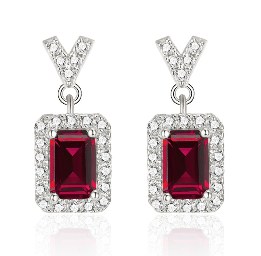 S925 Sterling Silver V-Shape Halo Drop Earrings, 6x4mm Lab-Grown Ruby & Emerald, Platinum Plated 2.6g, Women's Jewelry Gift Box - IVOIRART.COM