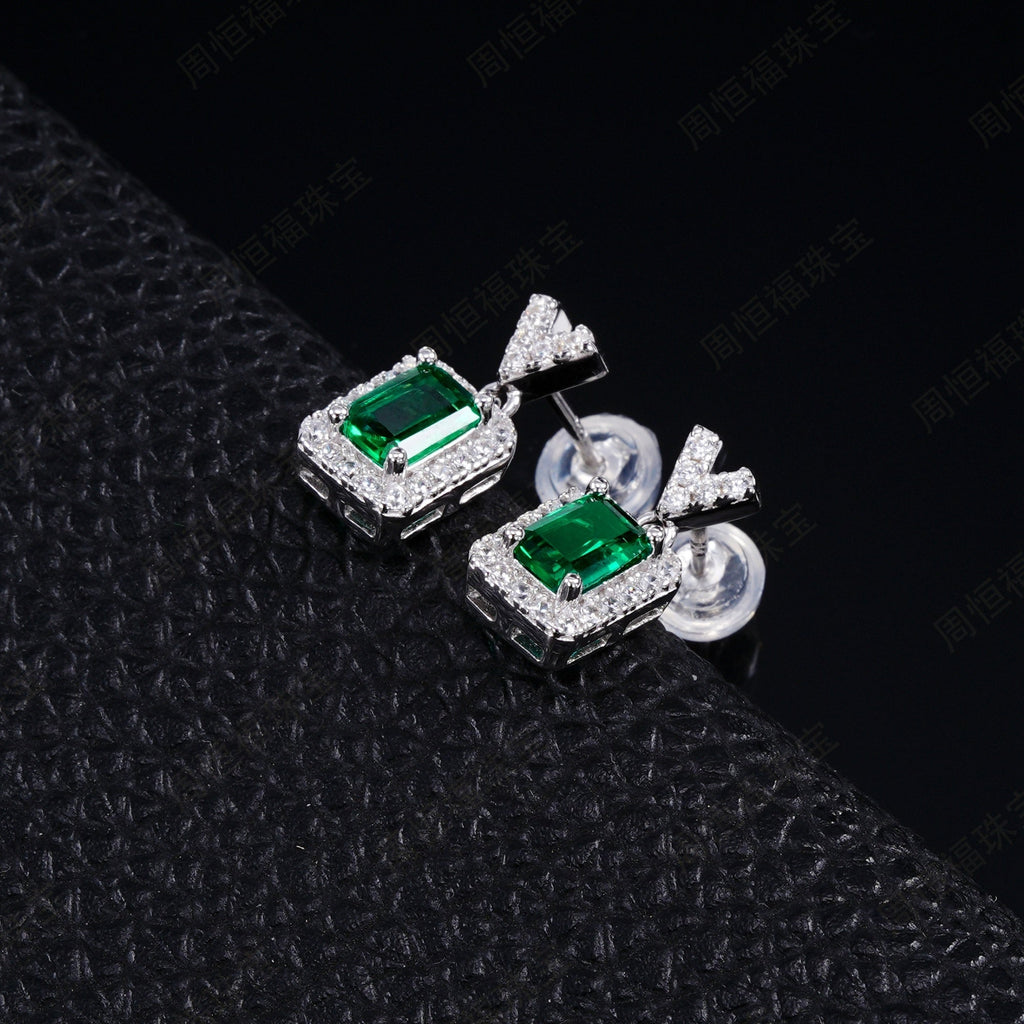 S925 Sterling Silver V-Shape Halo Drop Earrings, 6x4mm Lab-Grown Ruby & Emerald, Platinum Plated 2.6g, Women's Jewelry Gift Box - IVOIRART.COM