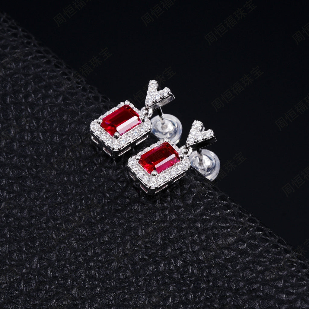 S925 Sterling Silver V-Shape Halo Drop Earrings, 6x4mm Lab-Grown Ruby & Emerald, Platinum Plated 2.6g, Women's Jewelry Gift Box - IVOIRART.COM