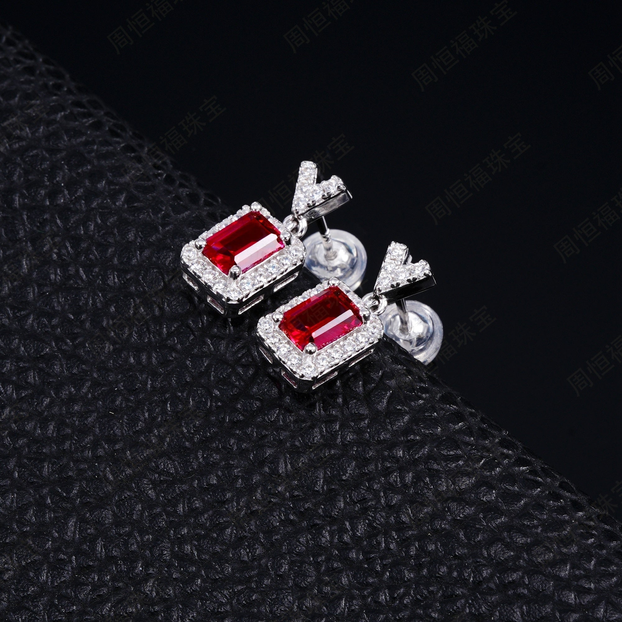 S925 Sterling Silver V-Shape Halo Drop Earrings, 6x4mm Lab-Grown Ruby & Emerald, Platinum Plated 2.6g, Women's Jewelry Gift Box - IVOIRART.COM