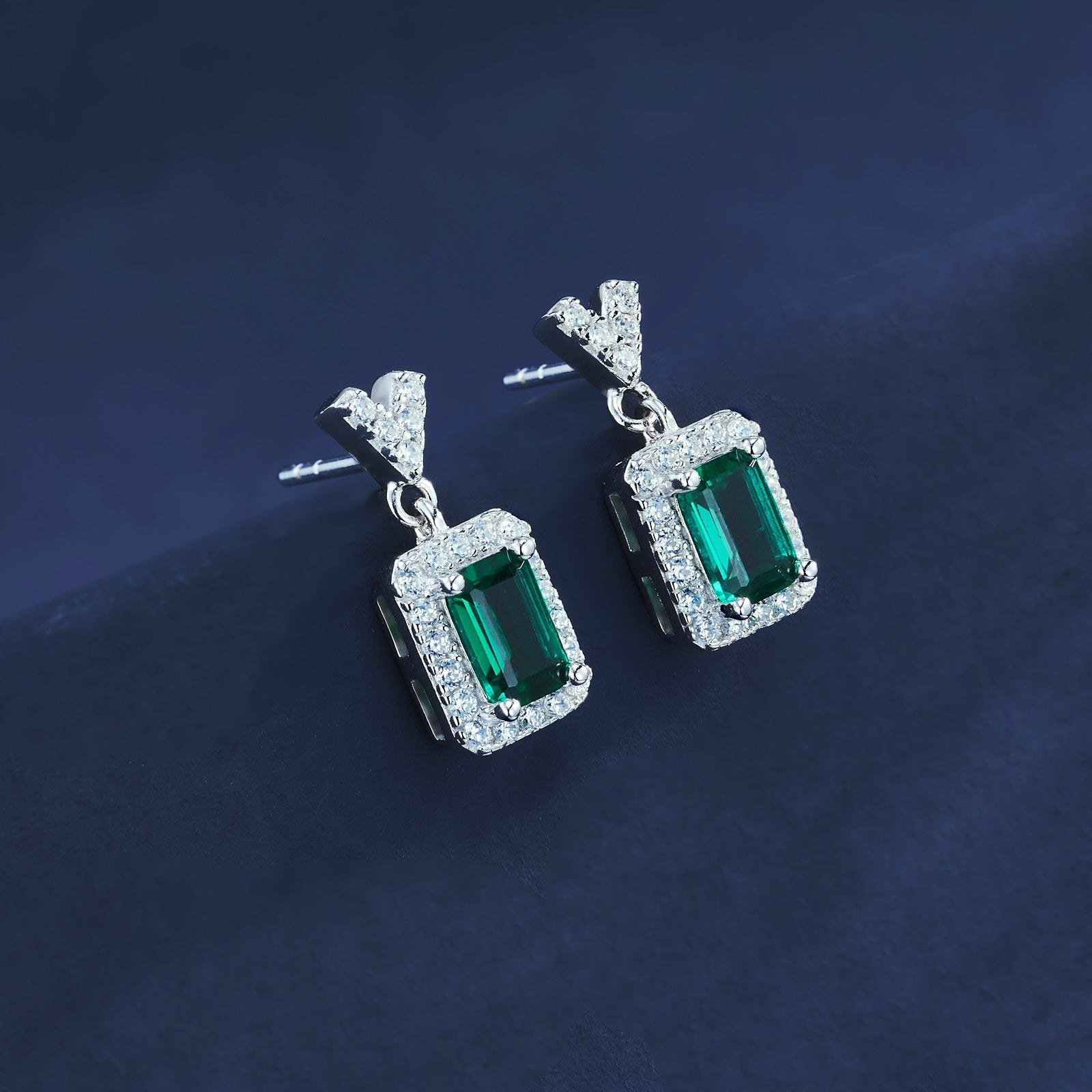 S925 Sterling Silver V-Shape Halo Drop Earrings, 6x4mm Lab-Grown Ruby & Emerald, Platinum Plated 2.6g, Women's Jewelry Gift Box - IVOIRART.COM
