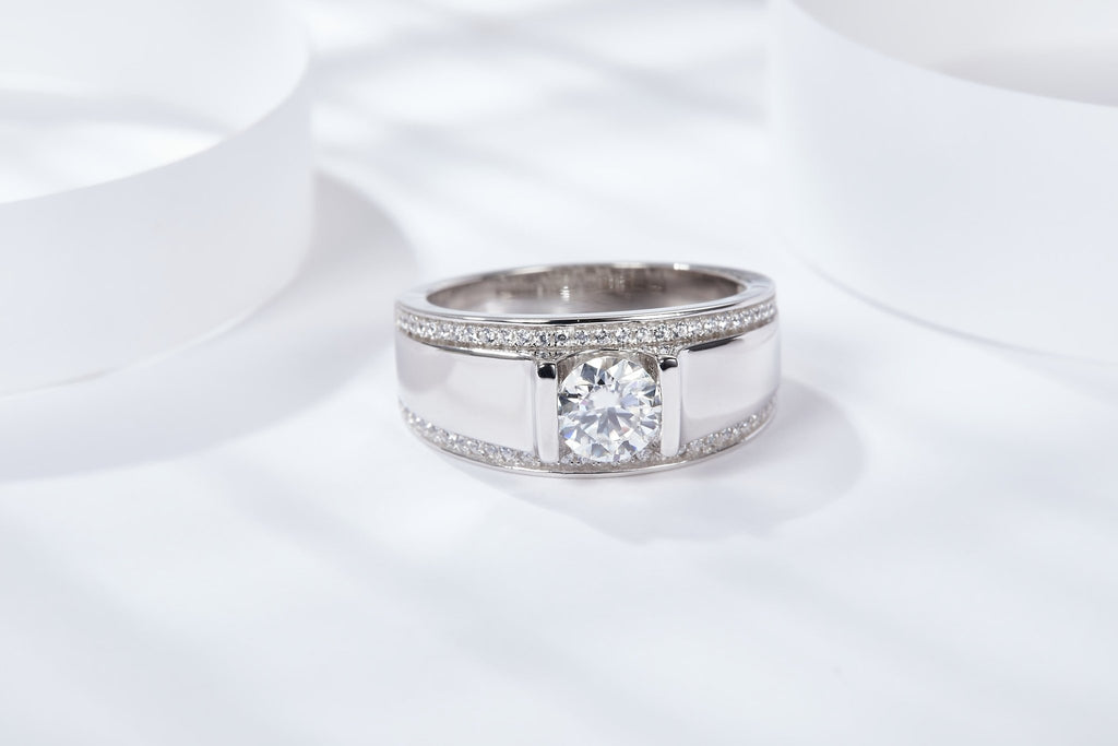 S925 Sterling Silver Wide Band Moissanite Ring, 1&2ct D-VVS1 Bezel Set With Pave Edges, US Sizes 5-9, GRA Certificate Gift Box - IVOIRART.COM